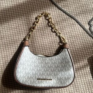 Michael Kors Cream and Brown Shoulder Bag with Gold Chain